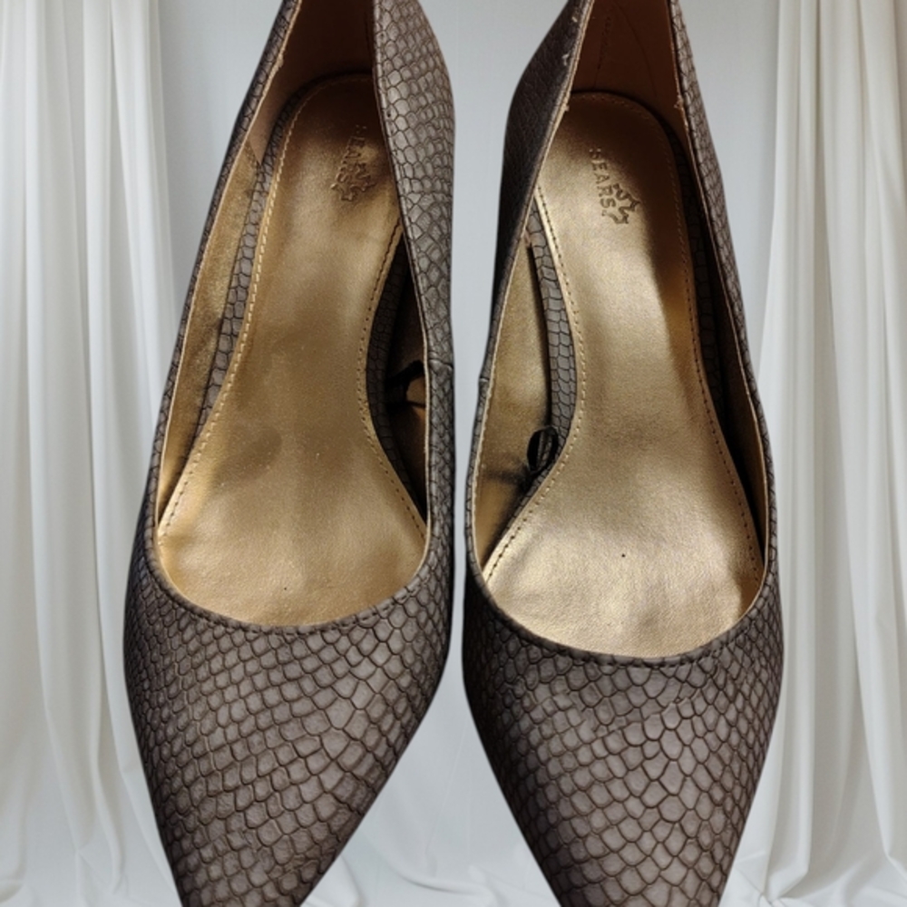 Sears Women’s Size 7 Taupe Snakeskin Pointed Toe Block Heel Pumps